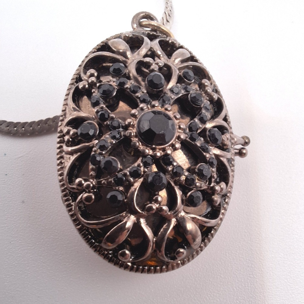 Vintage black rhinestone locket necklace victorian revival gothic mourning tone